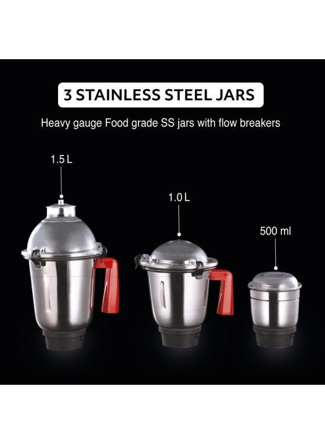 USHA Thunderbolt Pro 1000W with 3 Jars, 100% Copper Ball-Bearing Motor, Handsfree operation, 3 Jars, 3-Speed Setting with Inching option, 5 Years Warranty on Motor (Red) - Image 3